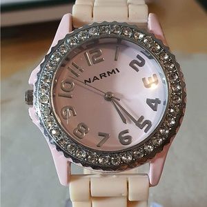 🦋10/$20🦋 Narmi #5573 Pink Rhinestone Sideways Silicone Women's Watch